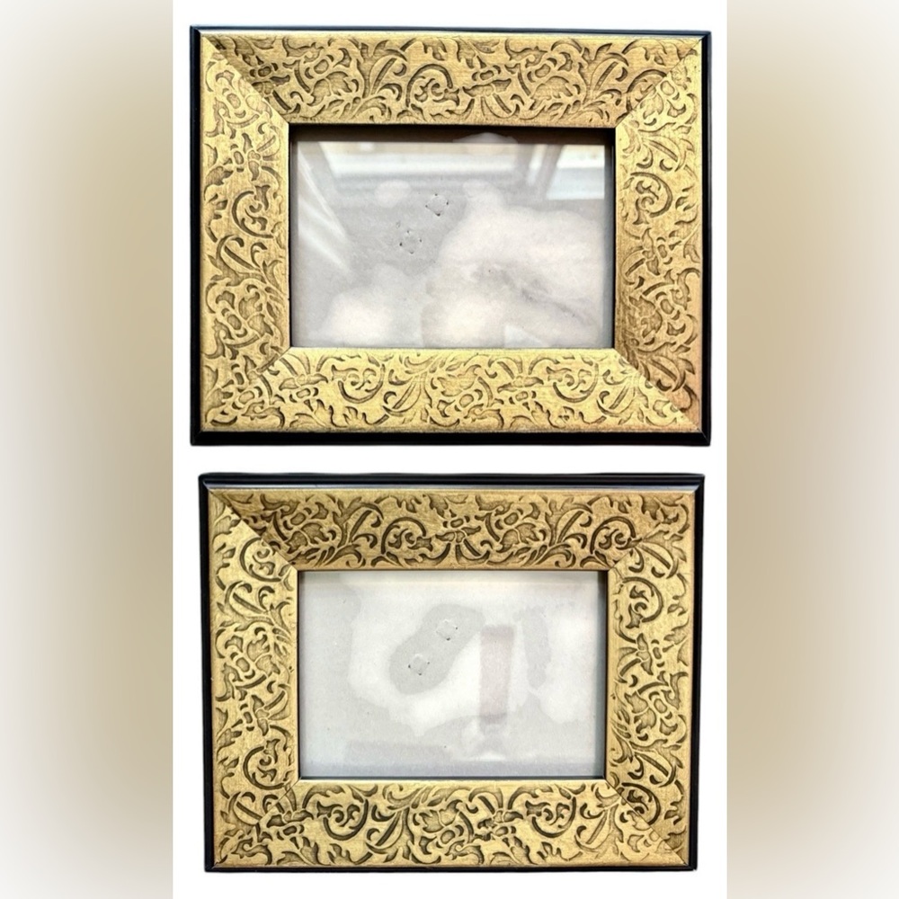 Pair of Gold-Tone Metal Over Wood Embossed Ornate Photo Frames Vtg 8X10” Pretty!
